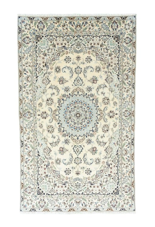 Full view of 2000s Nain rug from Iran / Persia, 257 × 152 cm in Beige tones