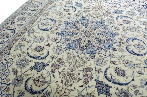 Backside of handmade New Nain rug showing knot structure and weave density