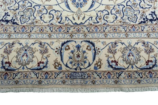 Full view of New Nain rug from Iran / Persia, 393 × 295 cm in Beige tones
