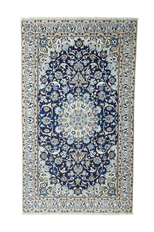 Full view of 2000s Nain rug from Iran / Persia, 217 × 128 cm in Blue tones