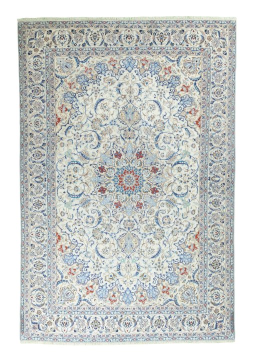 Full view of 2000s Nain rug from Iran / Persia, 434 × 292 cm in Beige tones