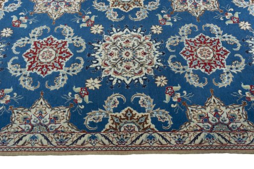 Full view of 2000s Nain rug from Iran / Persia, 380 × 93 cm in Blue tones