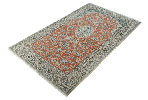 Corner detail of 1970s Nain rug showing border pattern and Cork pile