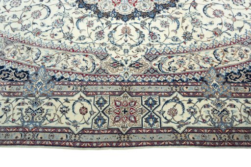 Corner detail of 2000s Nain rug showing border pattern and Cork pile