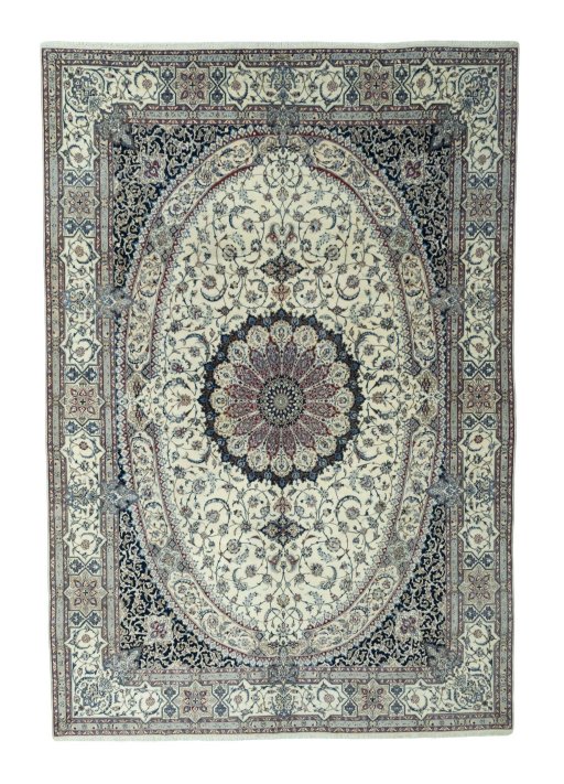 Full view of 2000s Nain rug from Iran / Persia, 369 × 253 cm in Beige tones