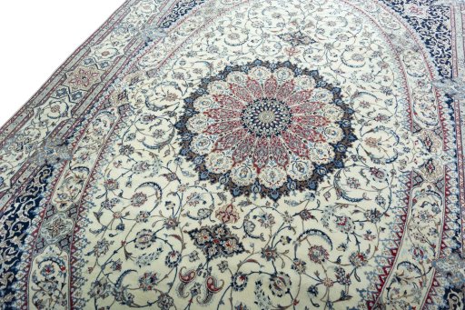 Backside of handmade 2000s Nain rug showing knot structure and weave density