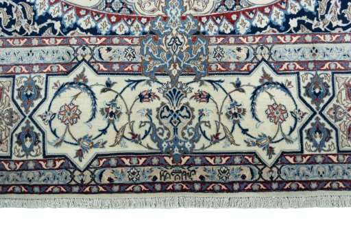 Full view of 2000s Nain rug from Iran / Persia, 369 × 253 cm in Beige tones