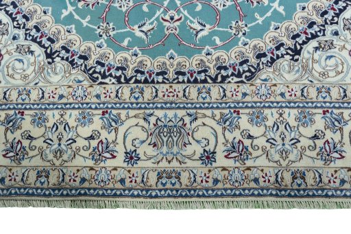 Full view of 1970s Nain rug from Iran / Persia, 351 × 245 cm in Green tones