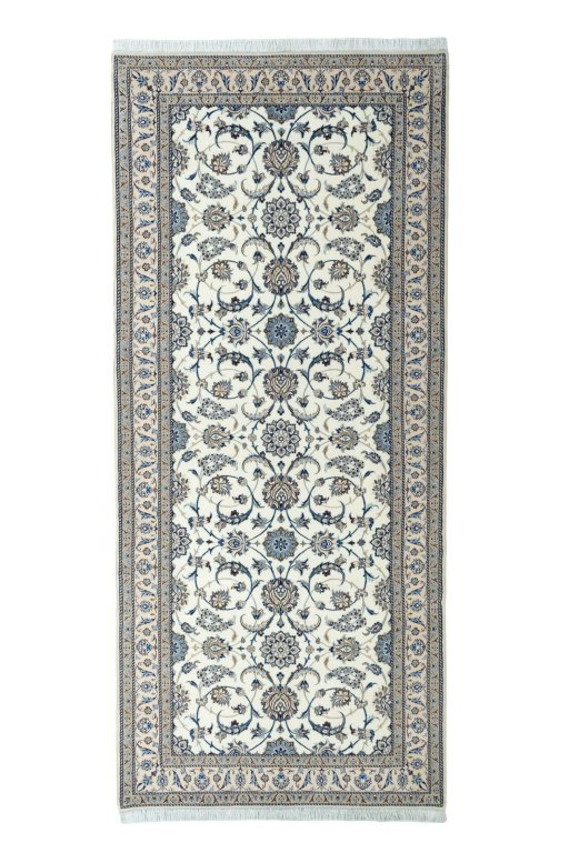 Full view of 1970s Nain rug from Iran / Persia, 362 × 160 cm in Beige tones