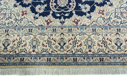 Full view of 1970s Nain rug from Iran / Persia, 363 × 251 cm in Blue tones