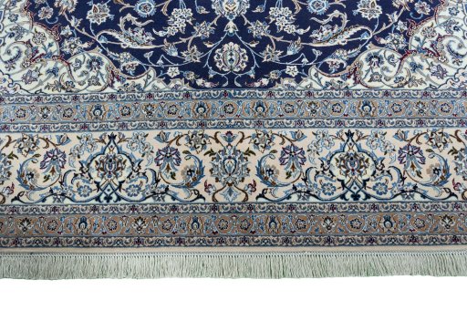 Full view of 1970s Nain rug from Iran / Persia, 408 × 313 cm in Blue tones
