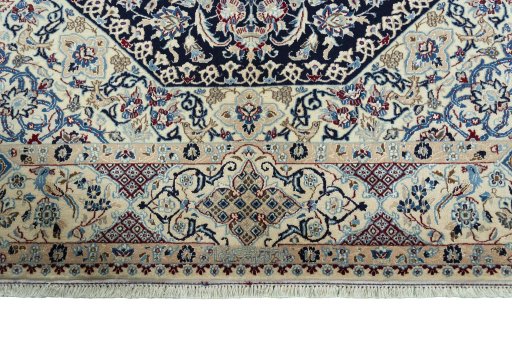 Full view of 1970s Nain rug from Iran / Persia, 304 × 202 cm in Blue tones