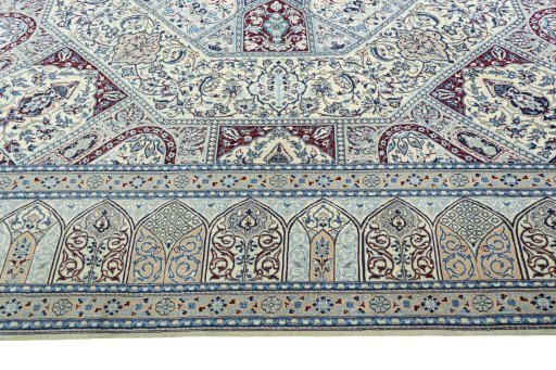 Corner detail of 1970s Nain rug showing border pattern and Cork pile