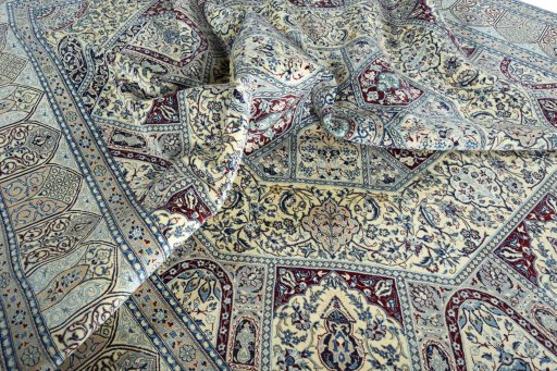 Surface texture of 1970s Nain rug with natural Cork and intricate pattern