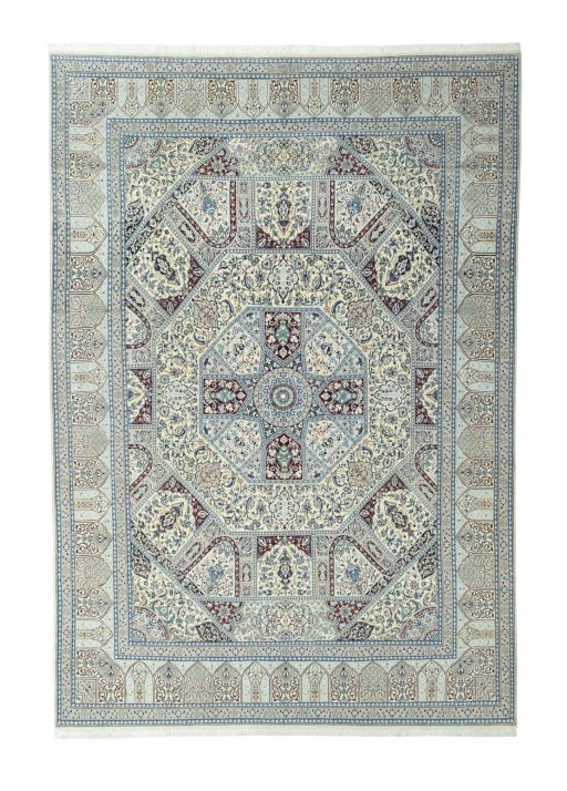Full view of 1970s Nain rug from Iran / Persia, 440 × 307 cm in Beige tones