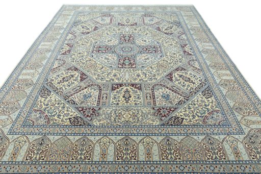 Surface texture of 1970s Nain rug with natural Cork and intricate pattern