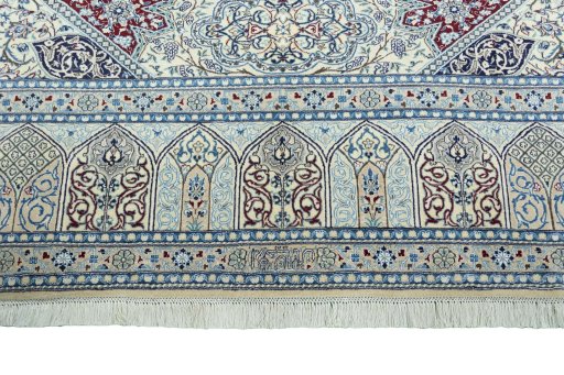 Full view of 1970s Nain rug from Iran / Persia, 440 × 307 cm in Beige tones