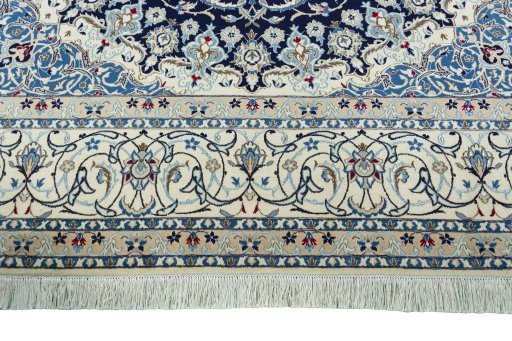 Full view of 1970s Nain rug from Iran / Persia, 392 × 275 cm in Blue tones