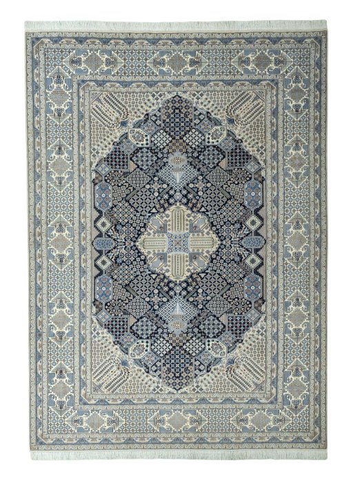 Full view of 1970s Nain rug from Iran / Persia, 403 × 306 cm in Cream tones
