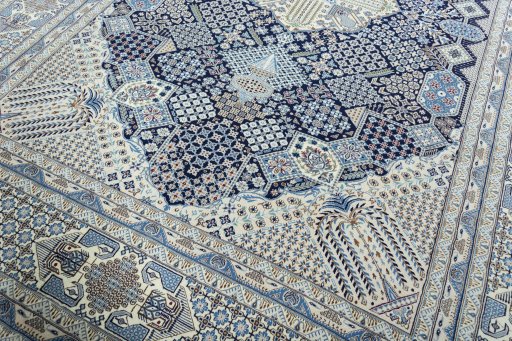 Full view of 1970s Nain rug from Iran / Persia, 403 × 306 cm in Cream tones