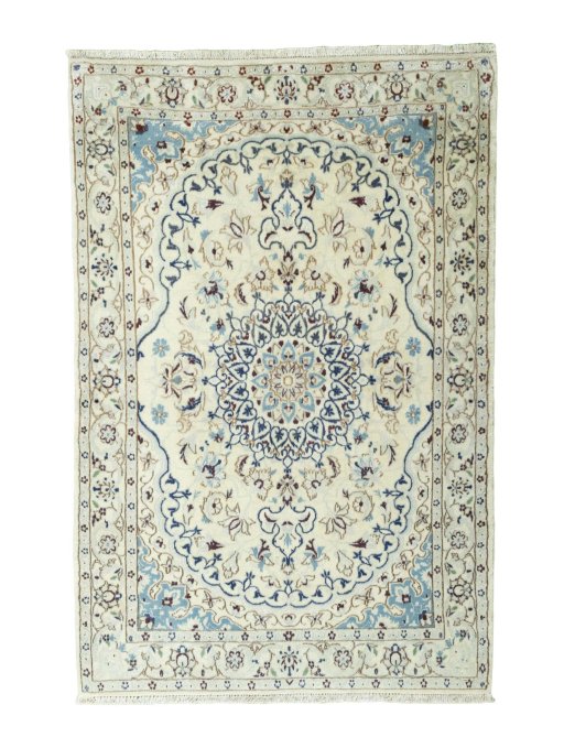 Full view of 2000s Nain rug from Iran / Persia, 146 × 96 cm in Beige tones