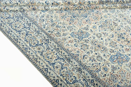 Full view of 1970s Nain rug from Iran / Persia, 277 × 178 cm in Beige tones