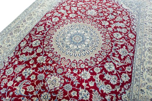 Backside of handmade 2000s Nain rug showing knot structure and weave density