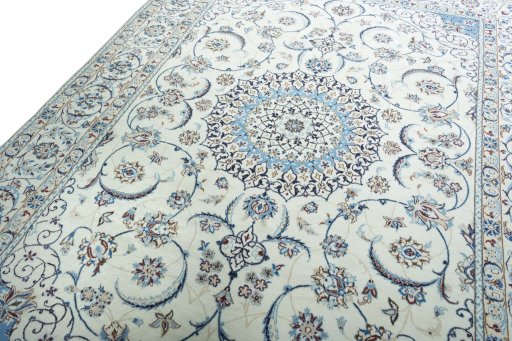 Backside of handmade New Nain rug showing knot structure and weave density