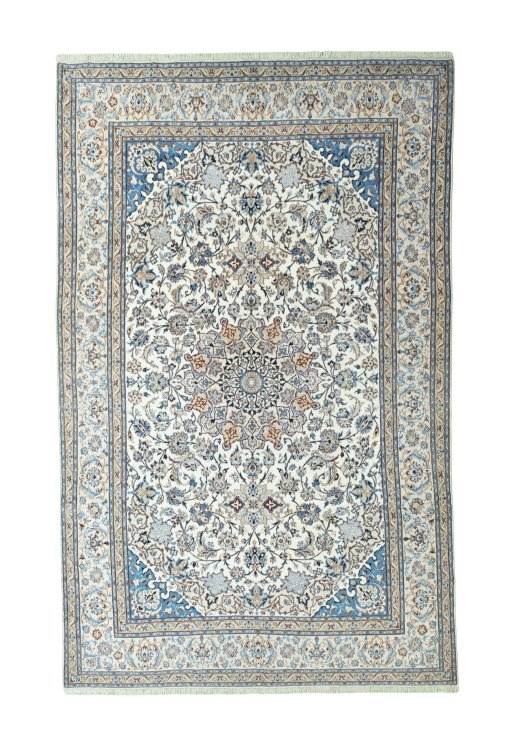 Full view of 2000s Nain rug from Iran / Persia, 385 × 241 cm in Beige tones