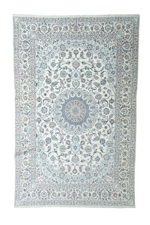 Full view of New Nain rug from Iran / Persia, 372 × 240 cm in Beige tones