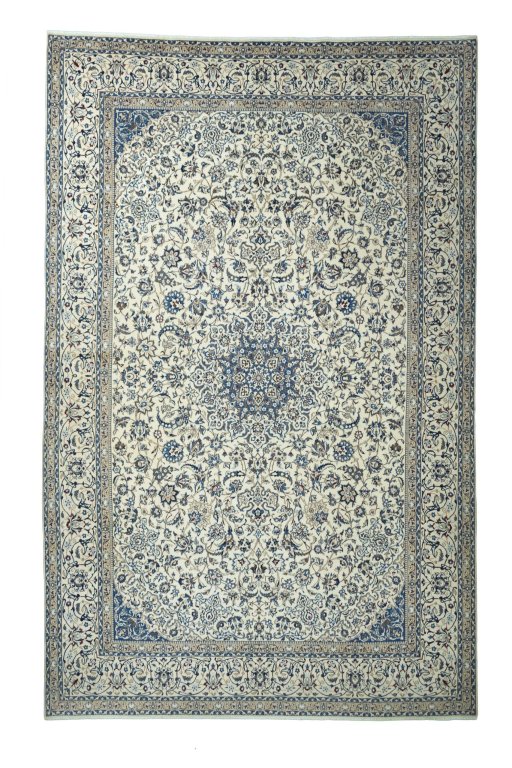 Full view of New Nain rug from Iran / Persia, 548 × 351 cm in Beige tones