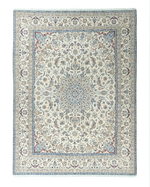 Full view of 2000s Nain rug from Iran / Persia, 407 × 307 cm in Beige tones