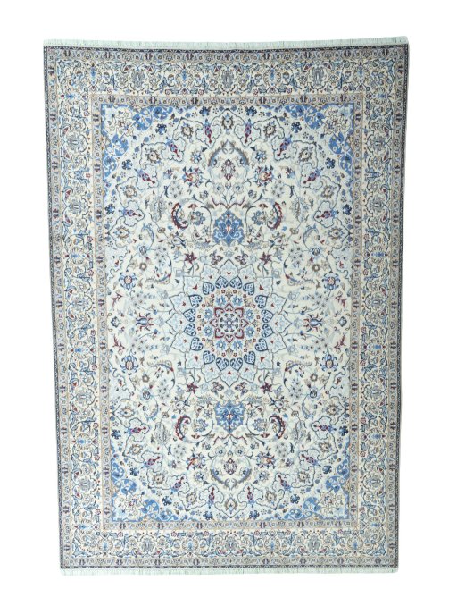 Full view of 2000s Nain rug from Iran / Persia, 385 × 262 cm in Beige tones