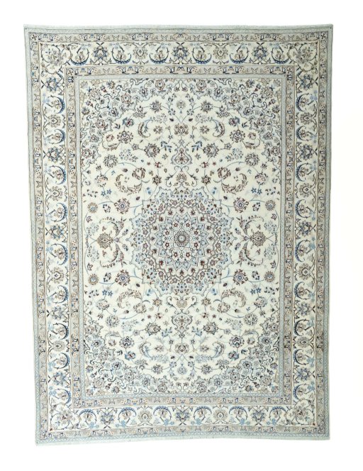 Full view of 2000s Nain rug from Iran / Persia, 348 × 256 cm in Beige tones