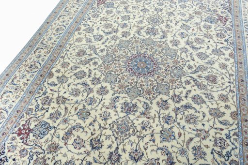 Backside of handmade 2000s Nain rug showing knot structure and weave density
