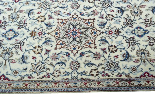 Full view of 2000s Nain rug from Iran / Persia, 395 × 85 cm in Beige tones