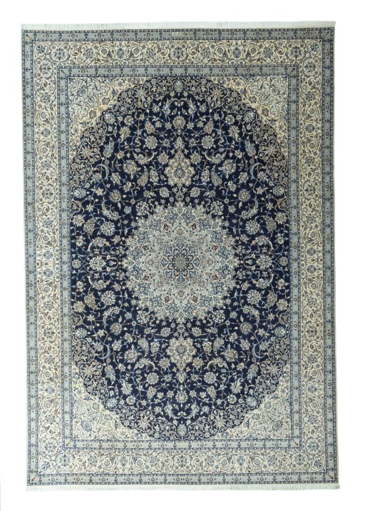 Full view of 2000s Nain rug from Iran / Persia, 375 × 259 cm in Blue tones