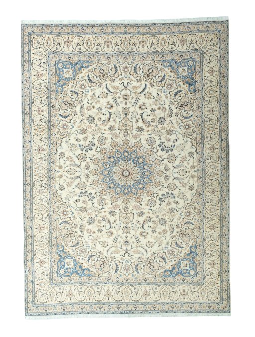 Full view of 2000s Nain rug from Iran / Persia, 418 × 300 cm in Beige tones