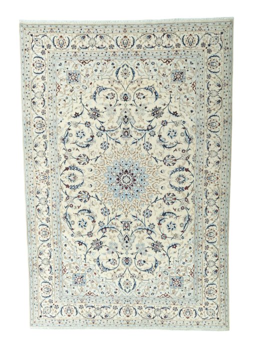 Full view of 2000s Nain rug from Iran / Persia, 361 × 245 cm in Beige tones