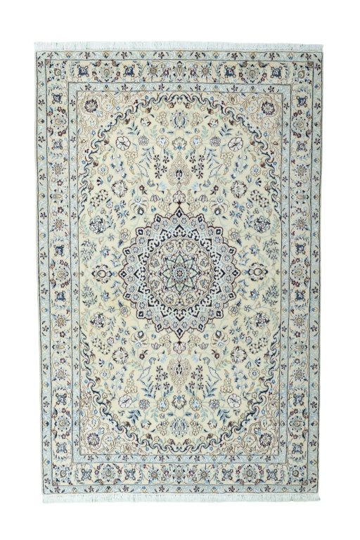 Full view of 2000s Nain rug from Iran / Persia, 210 × 134 cm in Beige tones