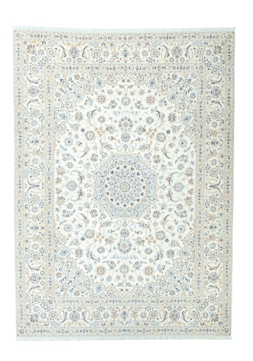 Full view of New Nain rug from Iran / Persia, 420 × 305 cm in Beige tones