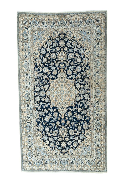 Full view of New Nain rug from Iran / Persia, 290 × 161 cm in Blue tones