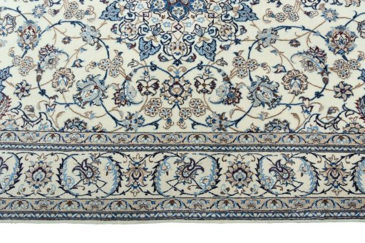 Corner detail of New Nain rug showing border pattern and Cork pile