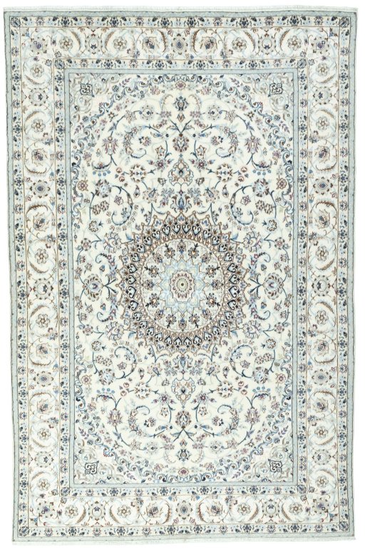 Full view of New Nain rug from Iran / Persia, 305 × 200 cm in Beige tones