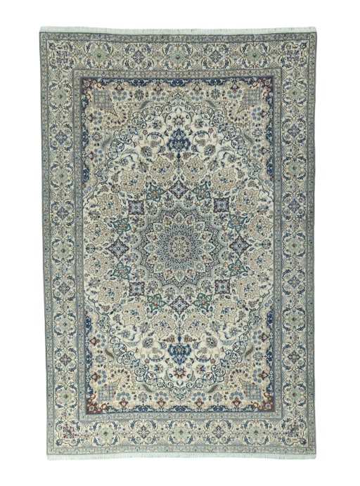 Full view of 2000s Nain rug from Iran / Persia, 407 × 264 cm in Beige tones