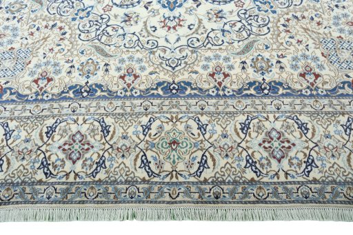 Full view of 2000s Nain rug from Iran / Persia, 407 × 264 cm in Beige tones
