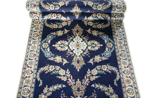Full view of 2000s Nain rug from Iran / Persia, 485 × 101 cm in Blue tones