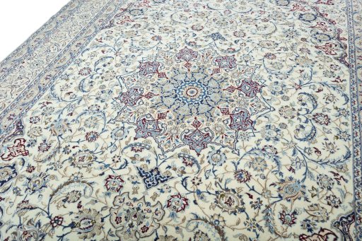Backside of handmade 2000s Nain rug showing knot structure and weave density