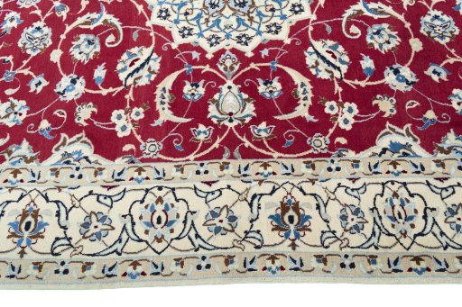 Corner detail of New Nain rug showing border pattern and Wool pile
