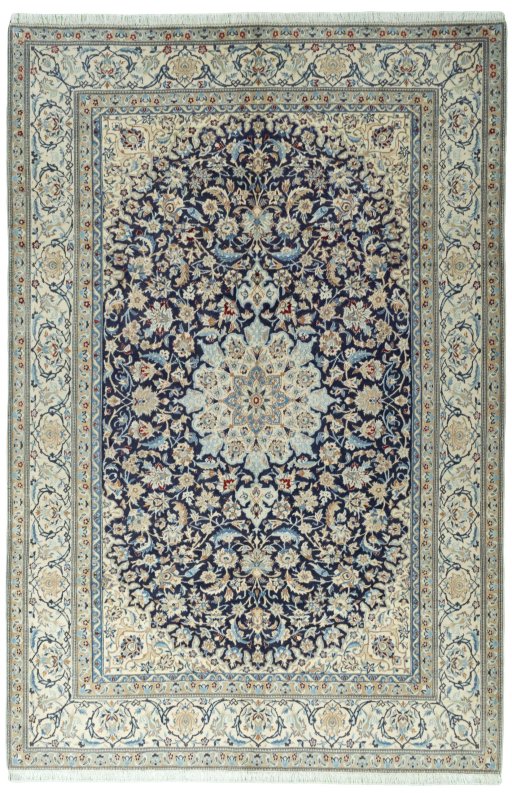 Full view of 1970s Nain rug from Iran / Persia, 301 × 201 cm in Blue tones